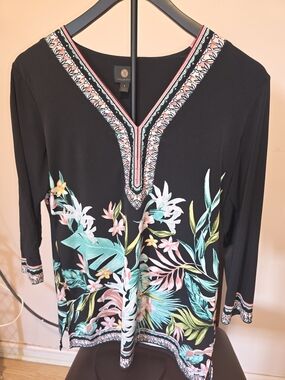JM Collection Black Tunic with Pink and Teal Floral Trim